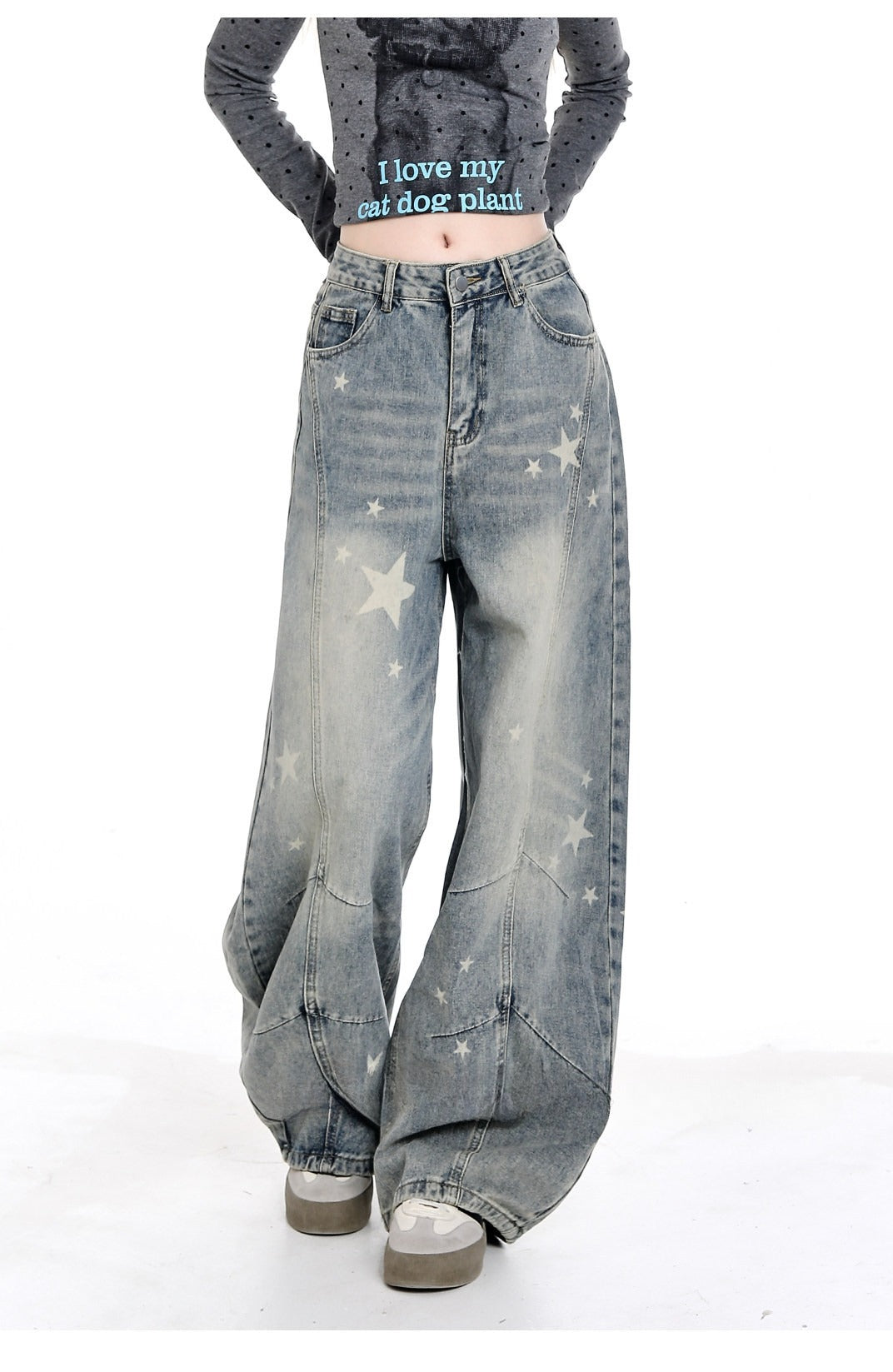 Vintage Star Print Curved Wide Leg Baggy Floor‑Length Denim Jeans
