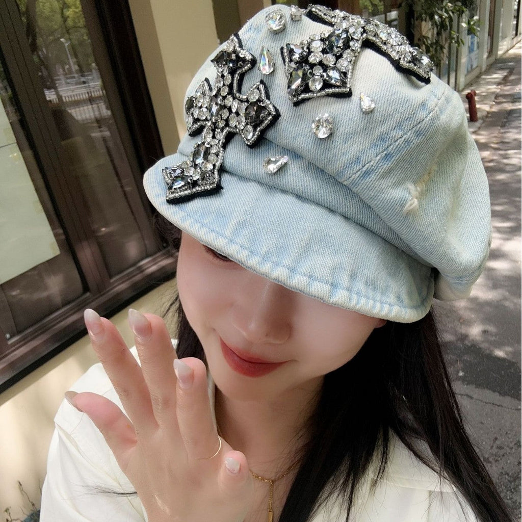 Rhinestone Cross Denim Octagonal Beret Vintage Y2K Women Newsboy Cap