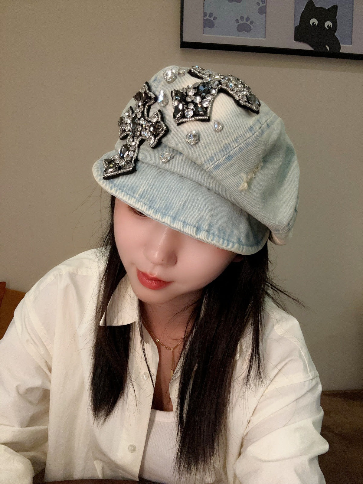 Rhinestone Cross Denim Octagonal Beret Vintage Y2K Women Newsboy Cap