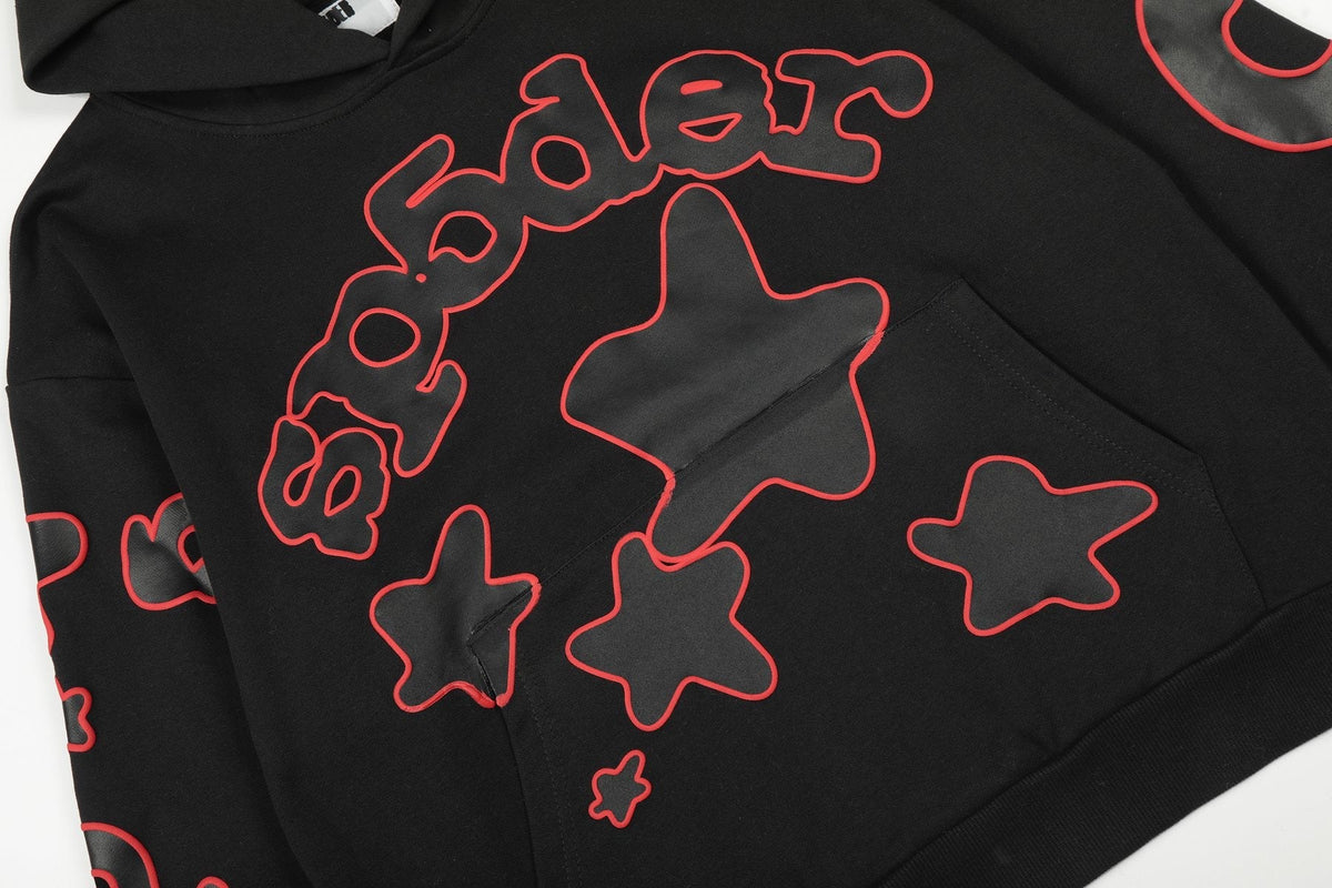 Sp5der Black Red Outline Star Graphic Hoodie