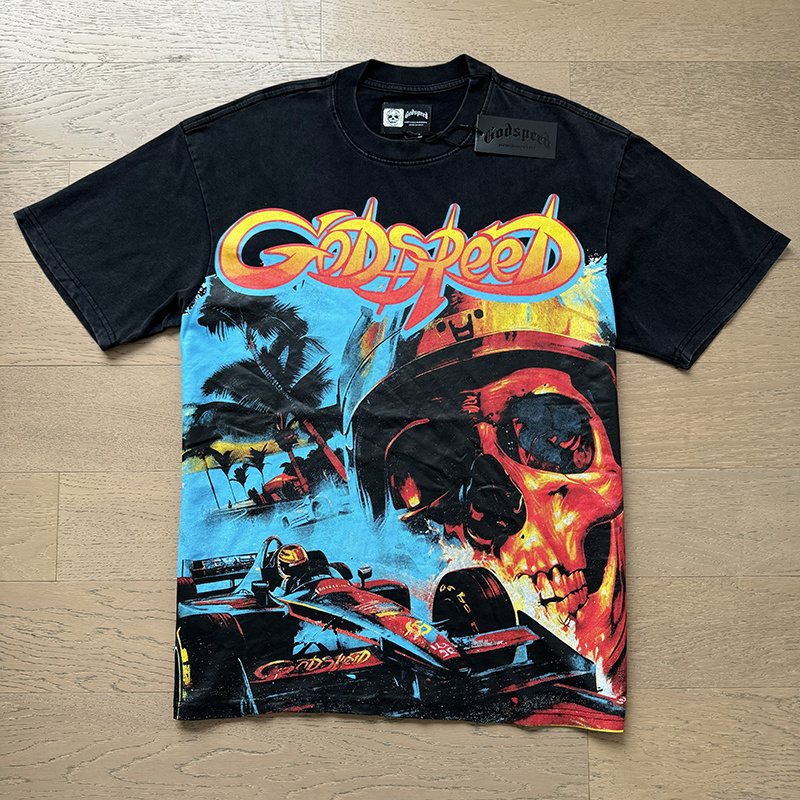 Godspeed Washed Black Skull Racing Graphic T-Shirt