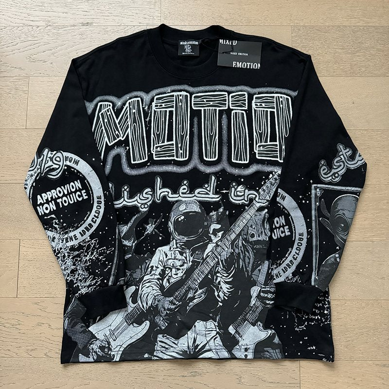 MIXED EMOTION Black All-Over Graphic Long-Sleeve T-Shirt