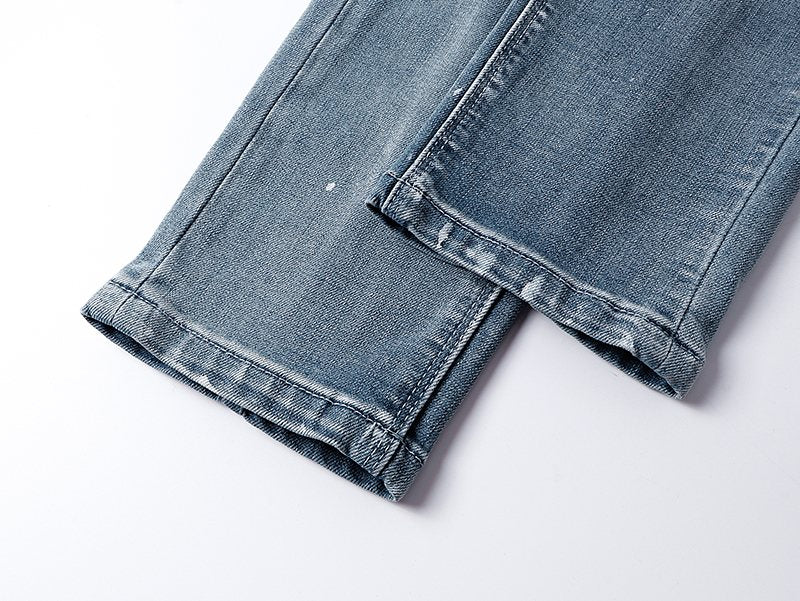 R+A Light Blue Paint-Splatter Patchwork Jeans