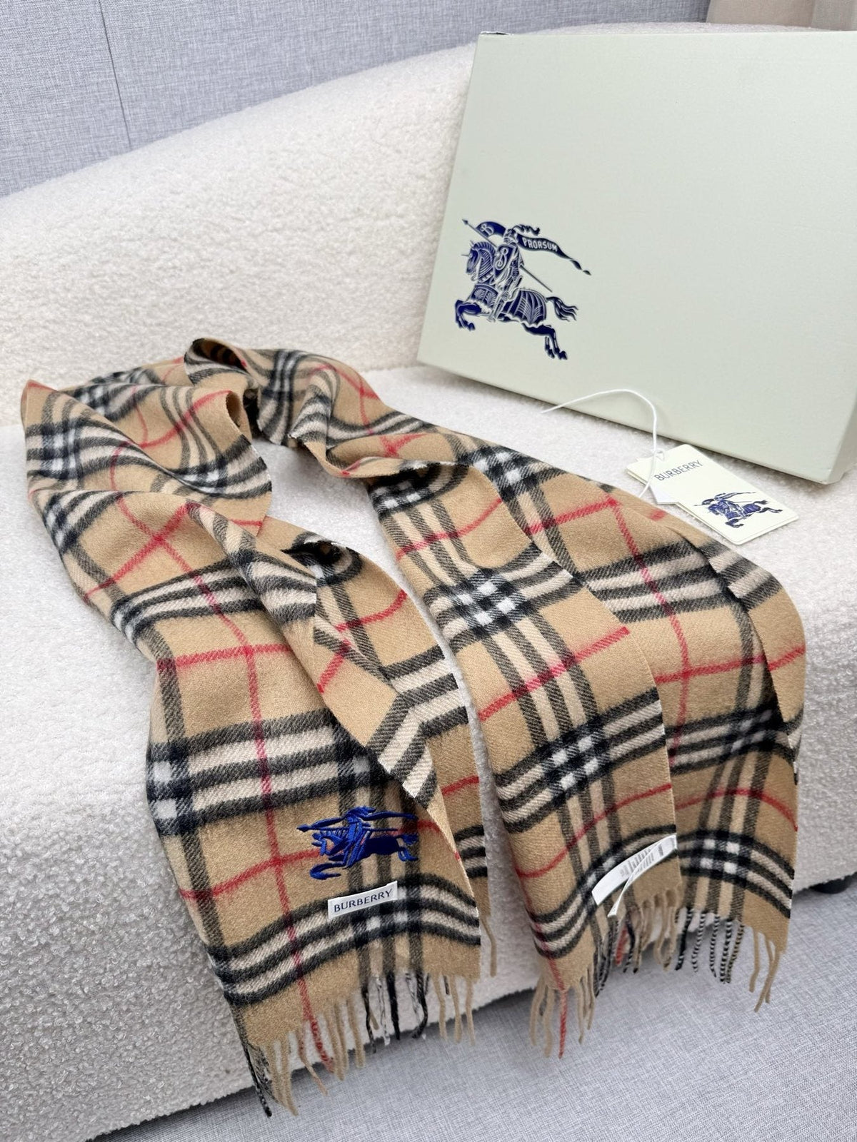 Burberry Beige Plaid Fringe Scarf