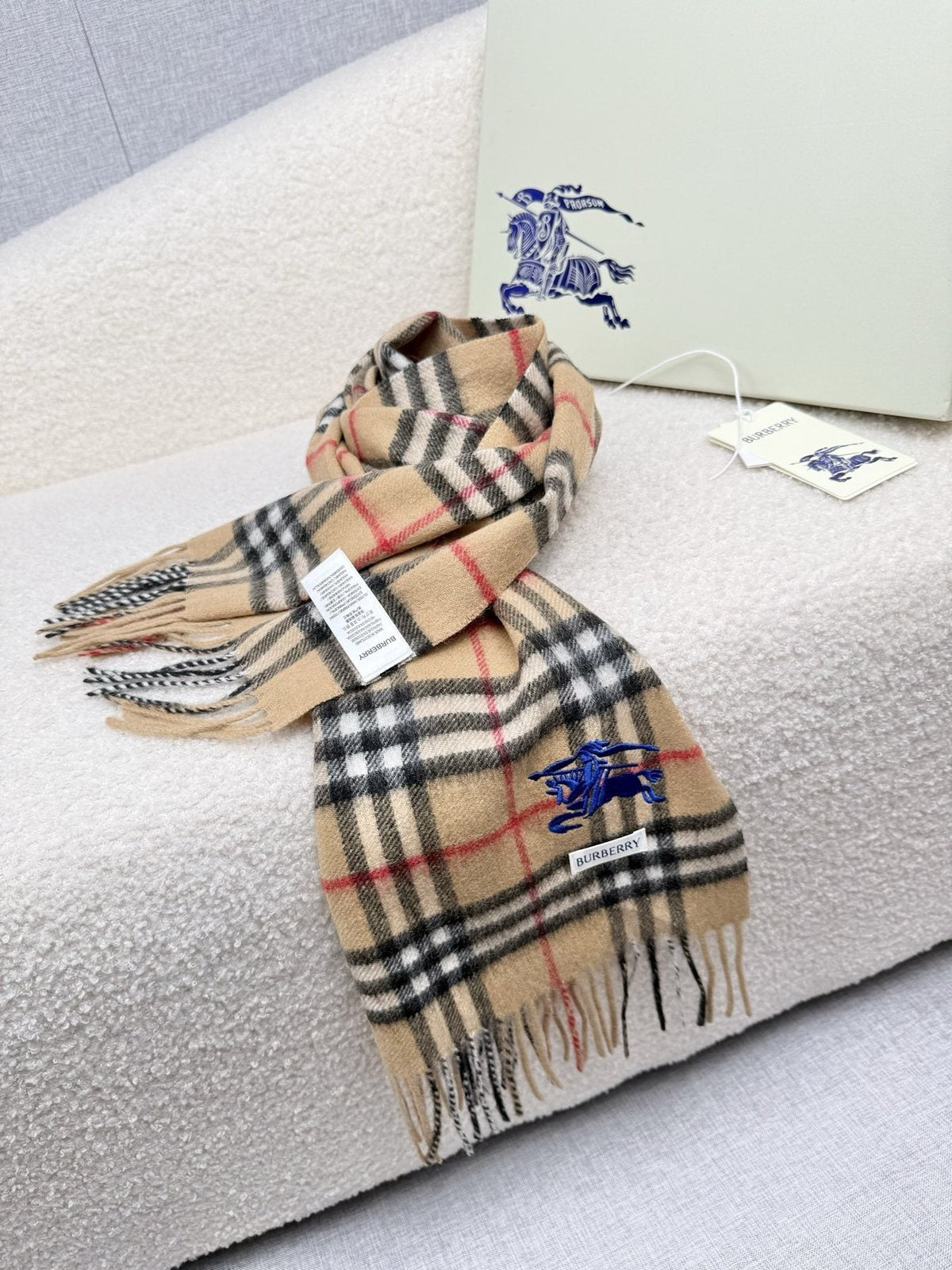 Burberry Beige Plaid Fringe Scarf