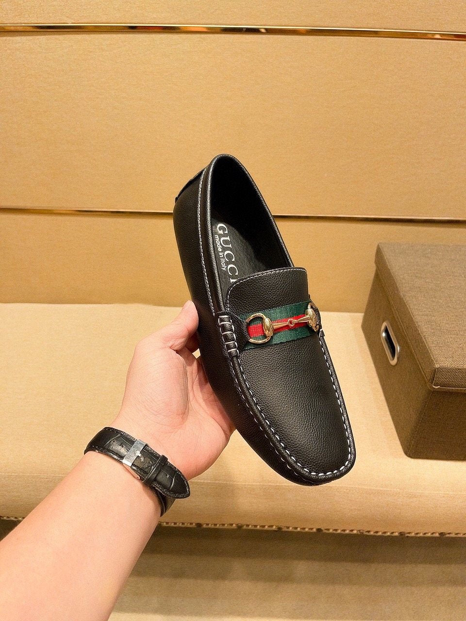 Gucci Black Loafers with Red and Green Strap