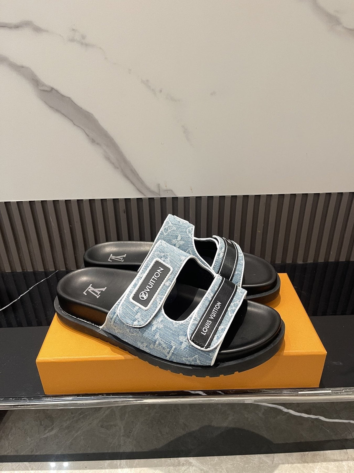Louis Vuitton Light Blue-Gray Double-Strap Slide Sandals