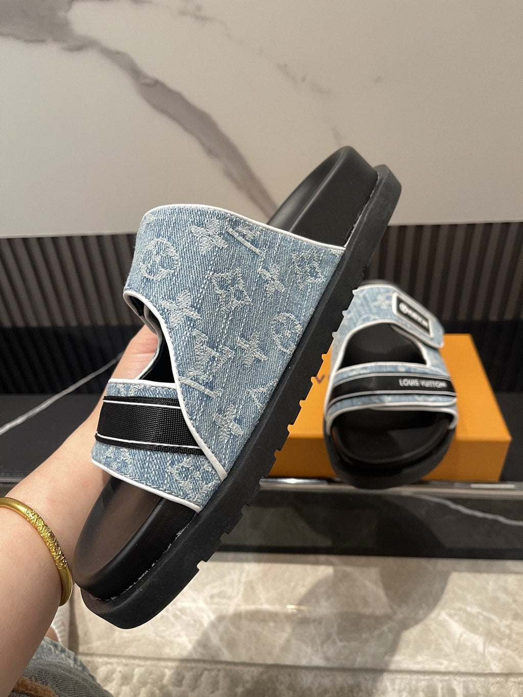 Louis Vuitton Light Blue-Gray Double-Strap Slide Sandals