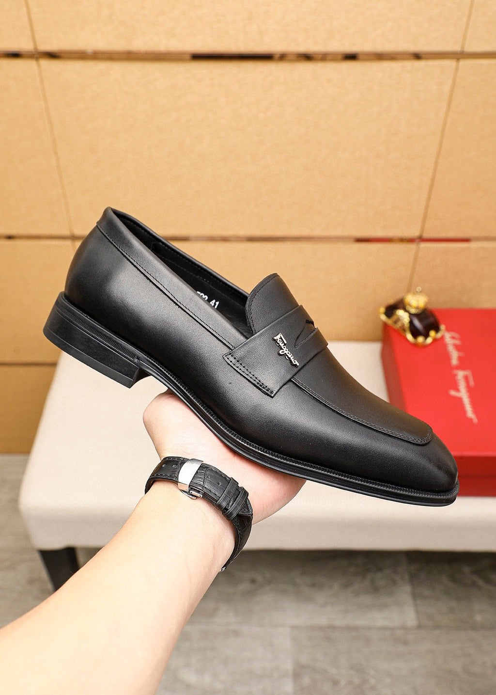 Ferragamo Black Metal Accent Loafers
