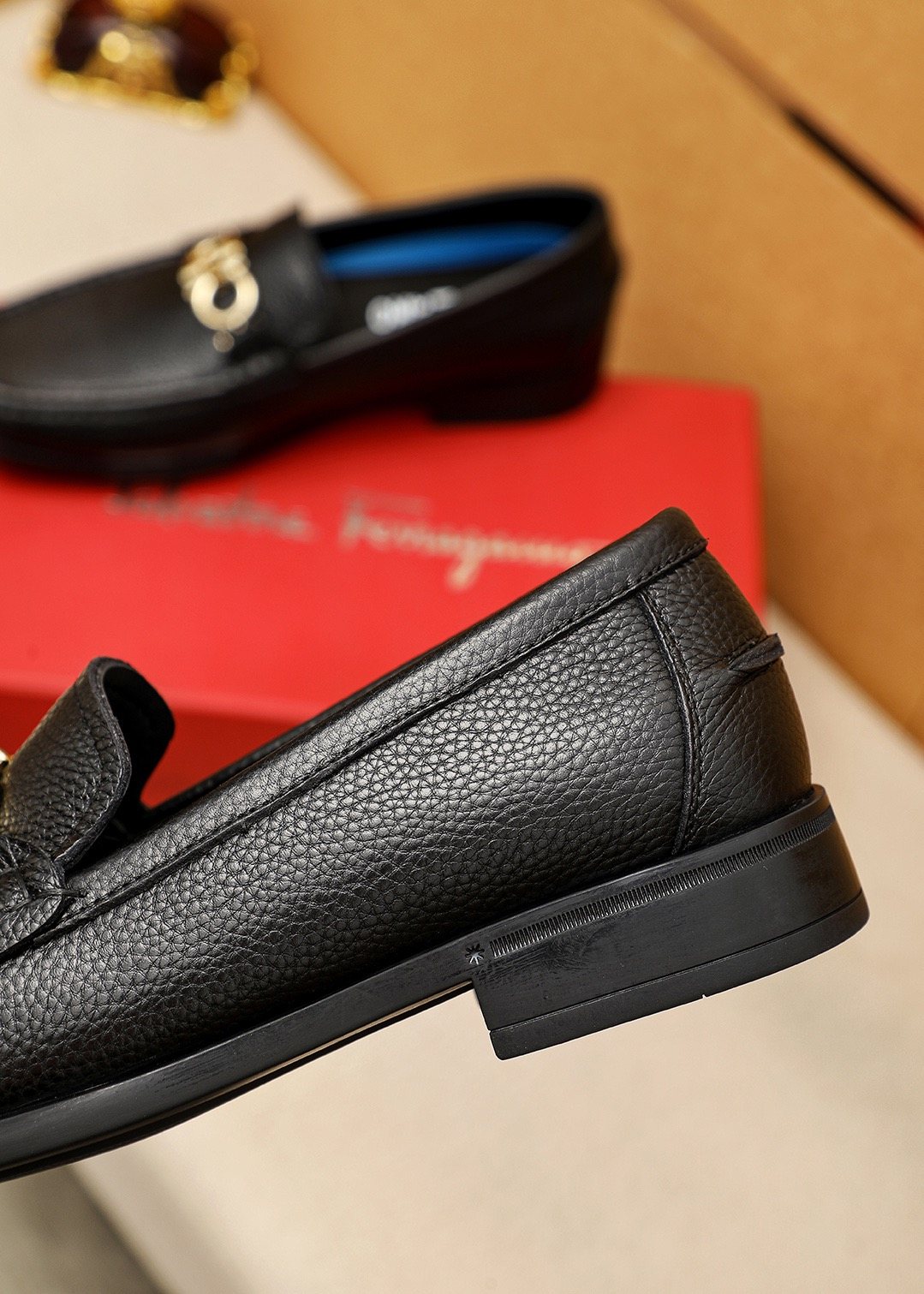 Ferragamo Black Textured Leather Loafers - Gold-Tone Hardware