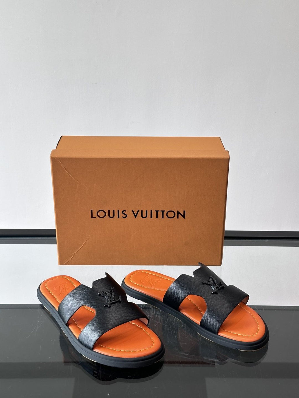 Louis Vuitton Isola Monogram Slide Sandals - Black and Orange