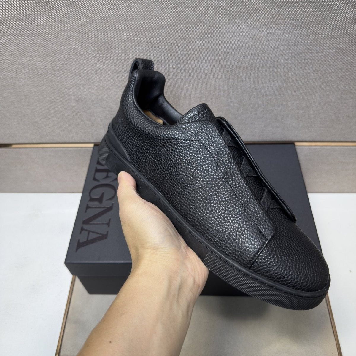Zegna Men's Black Textured Slip-On Sneakers