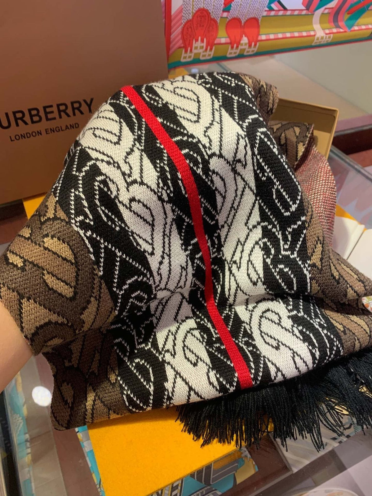 Burberry TB Monogram Fringed Scarf