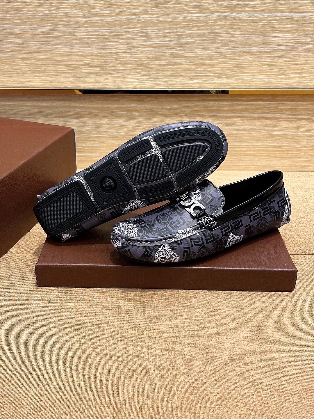 Versace Black and Gray Patterned Loafers