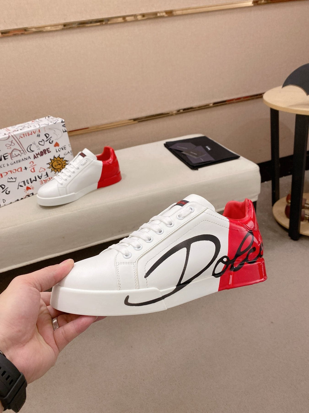 Dolce & Gabbana Men's Graphic Heel Low-Top Sneakers - White, Red & Black