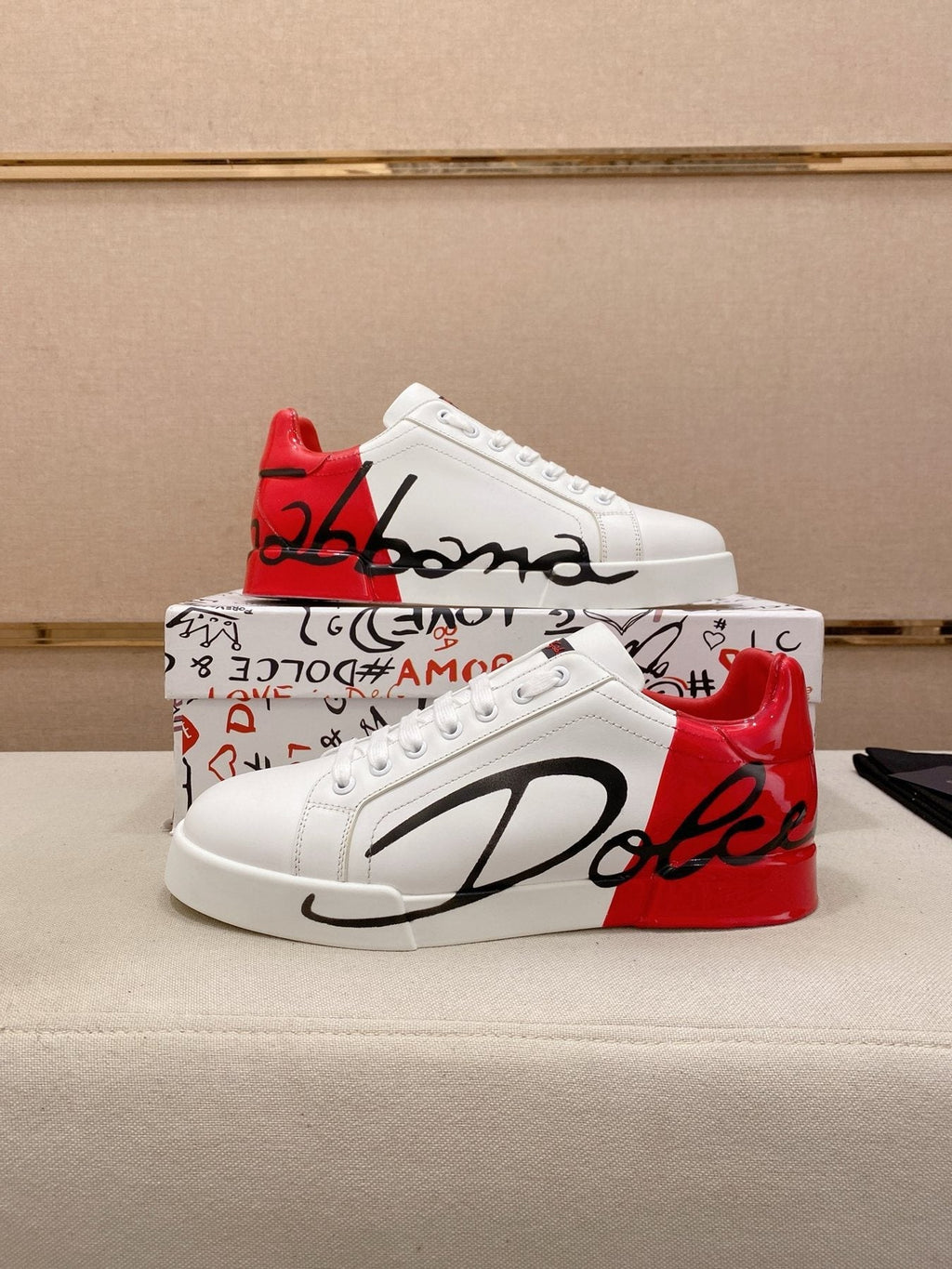 Dolce & Gabbana Men's Graphic Heel Low-Top Sneakers - White, Red & Black
