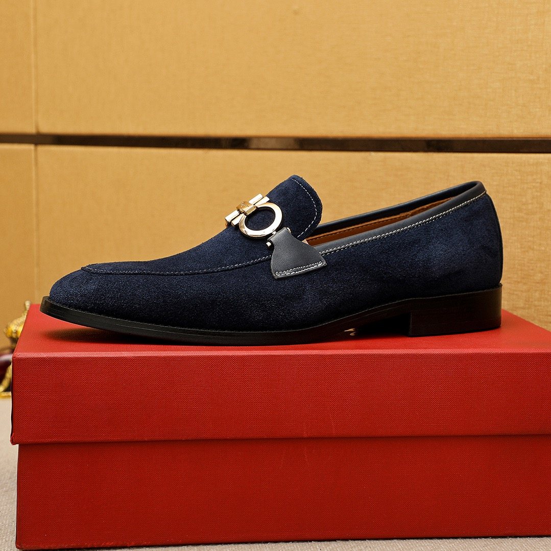 Ferragamo Navy Blue Hardware Loafers