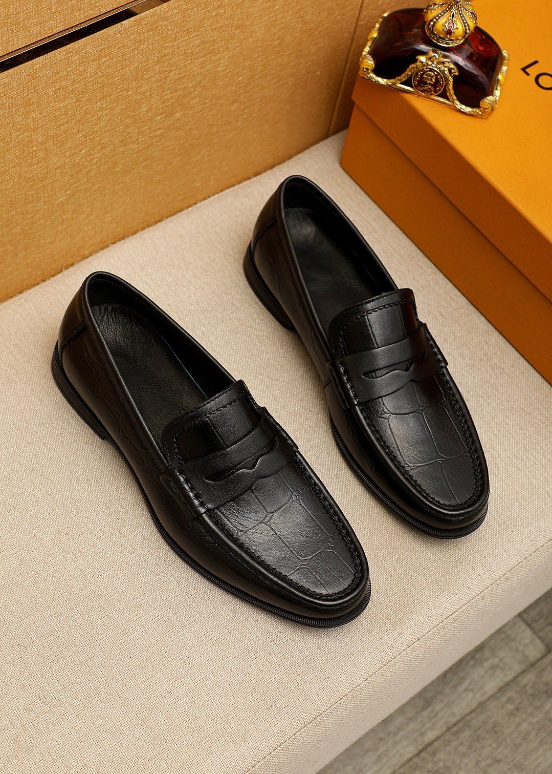 Louis Vuitton Black Textured Slip-On Loafers