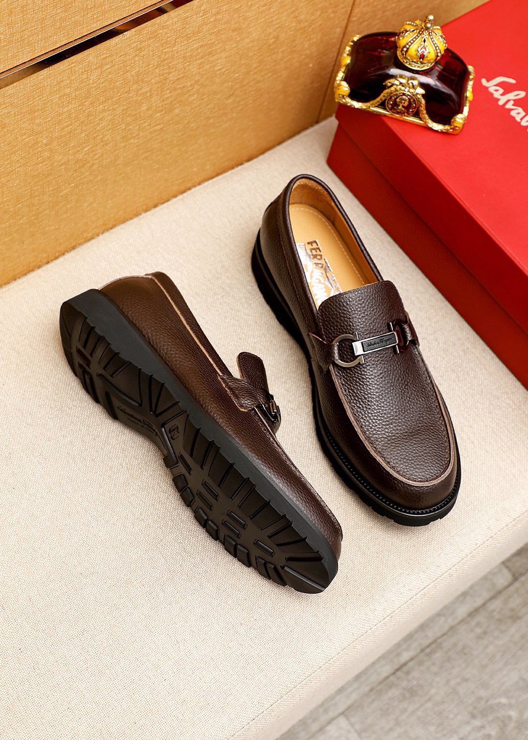Ferragamo Pebble-Grain Buckle Slip-On Shoes