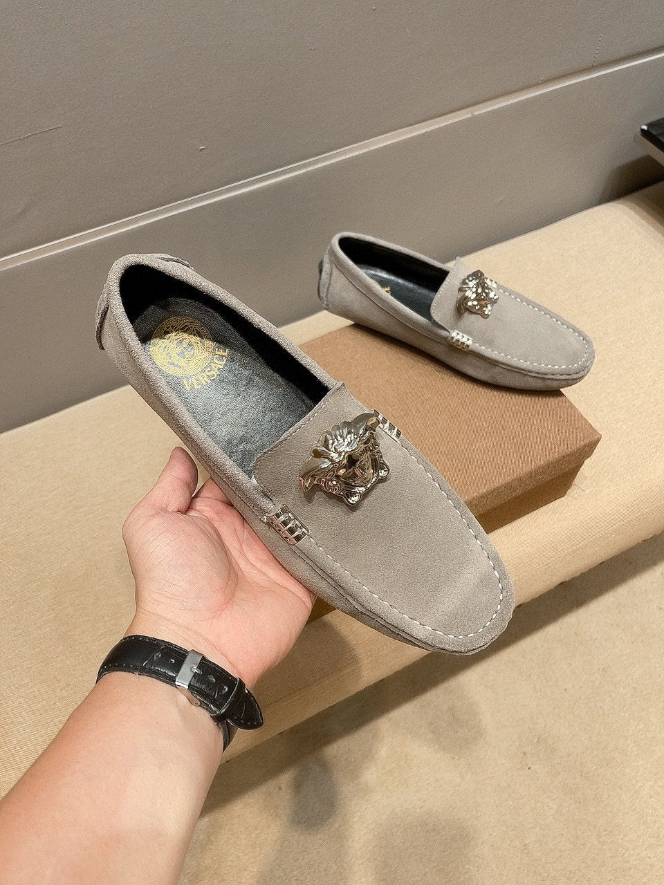Men's Leather Loafers with Metal Medallion