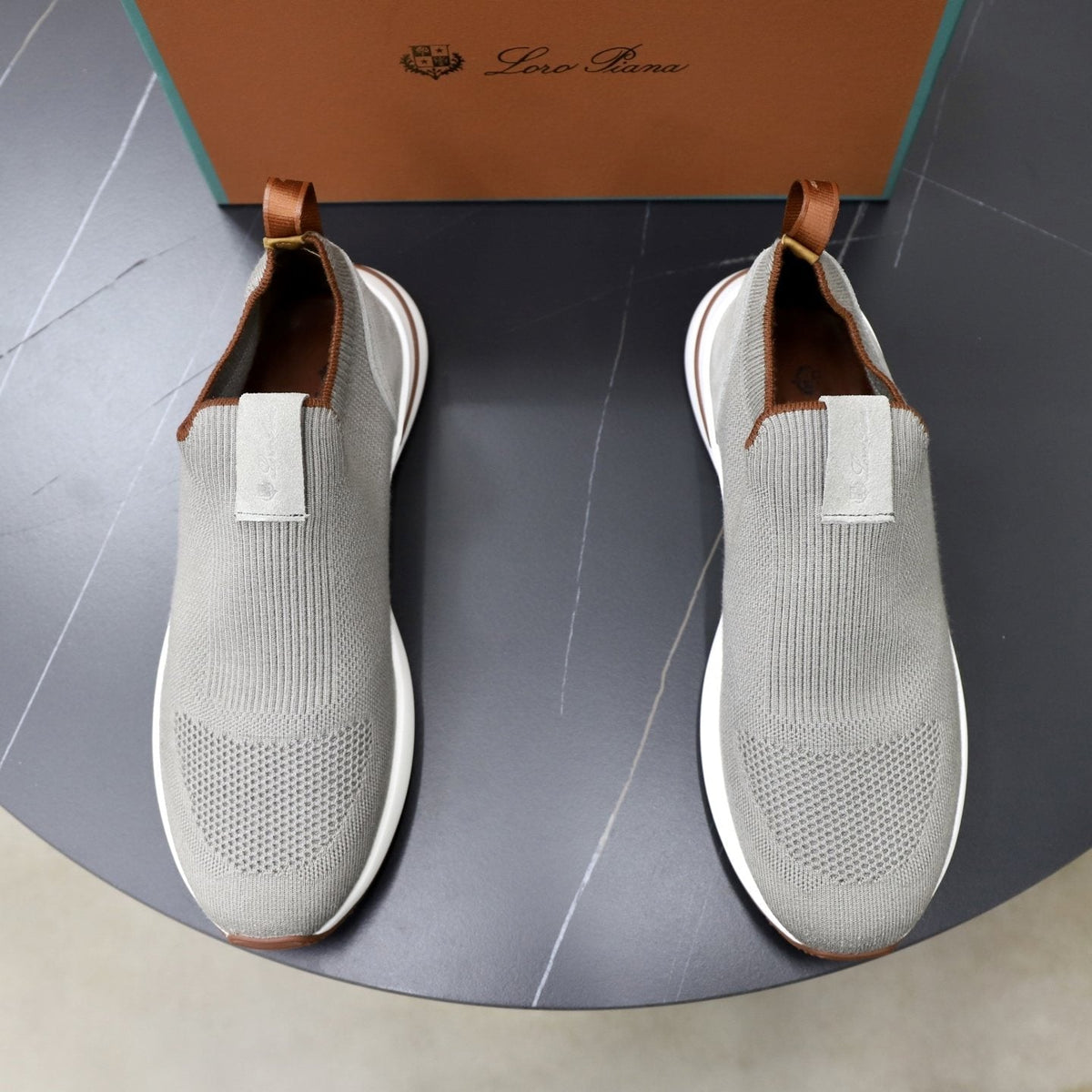 Loro Piana Men's Charcoal Knit Slip-On Sneakers