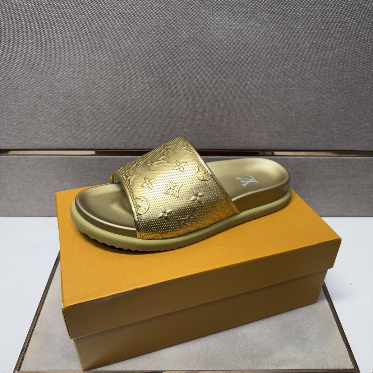 Louis Vuitton Embossed Metallic Slide Sandals