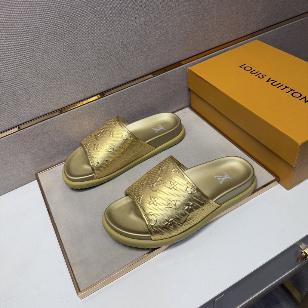 Louis Vuitton Embossed Metallic Slide Sandals